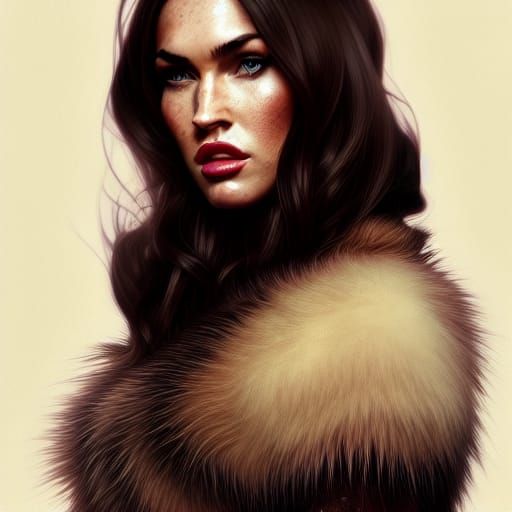 photorealistic, Megan Fox wearing a Fox fur coat