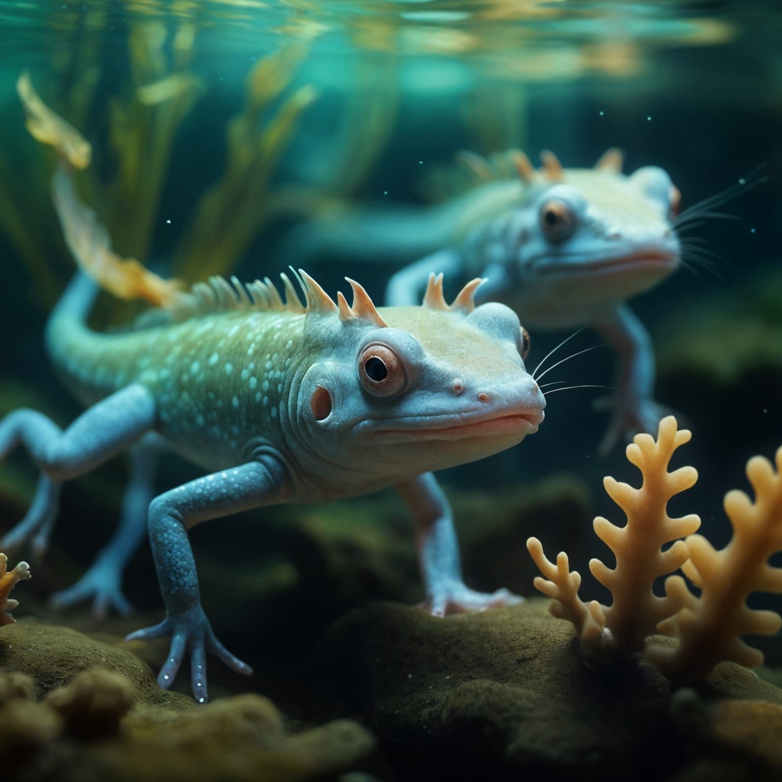 A  group of axolotls gliding through a dreamlike, ethereal a...