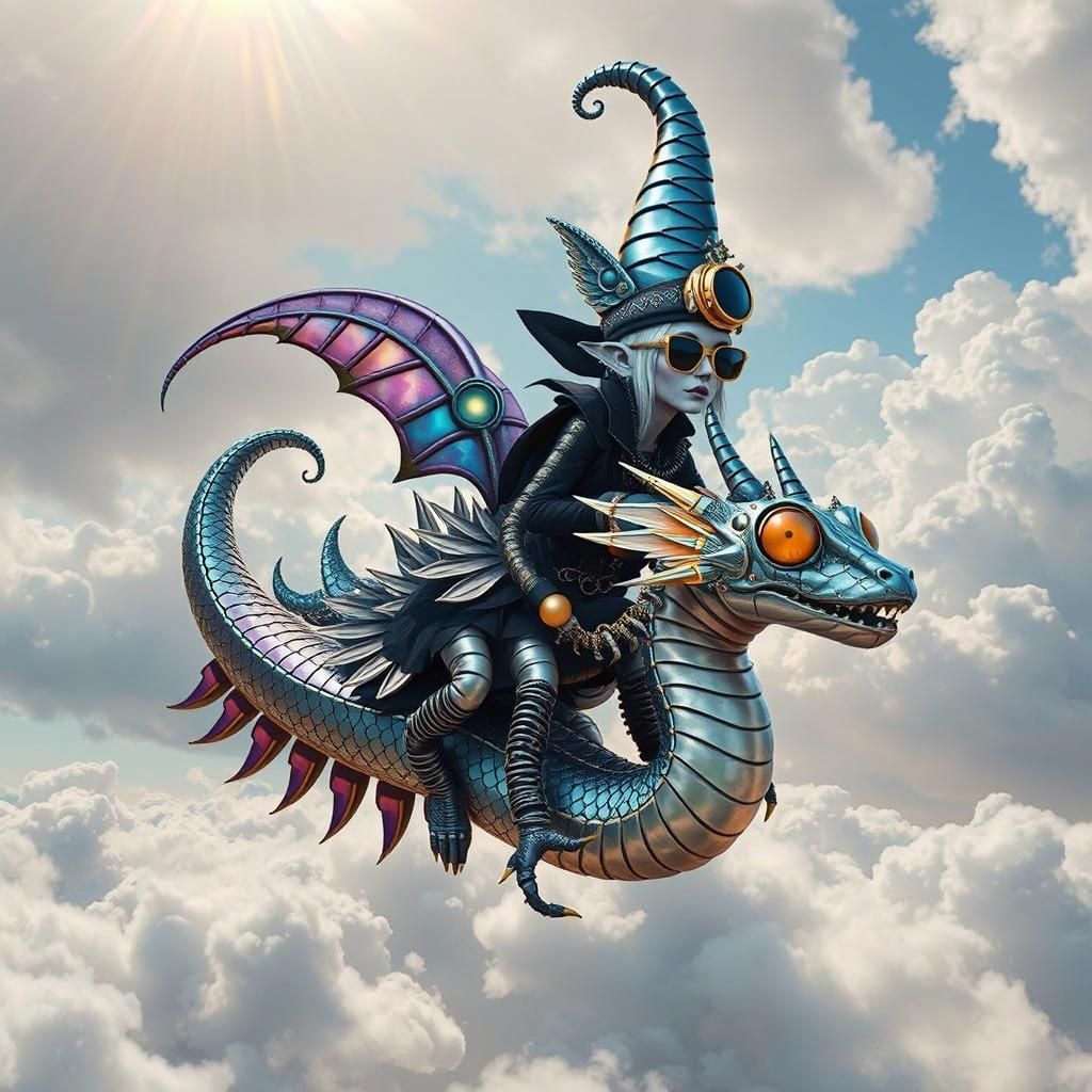 Giger-Inspired Machine Gnome Rides Serpent in Clouds