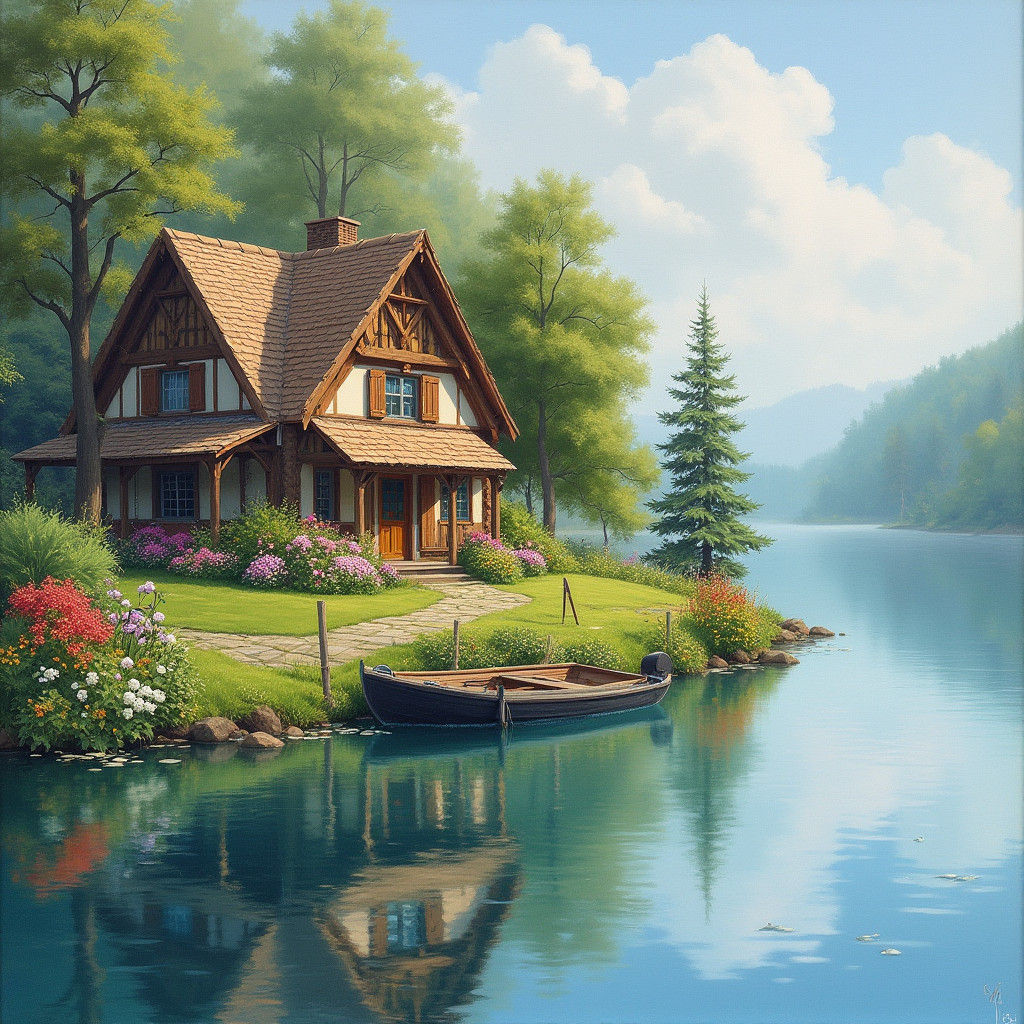 Idyllic Lakeside House in Painterly Style