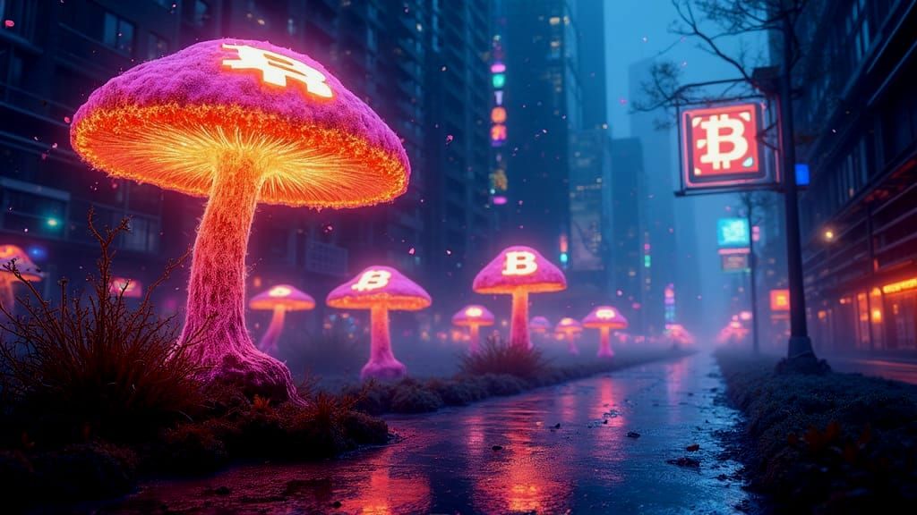 Dreamlike Mushroom Scene with Bitcoin Logos in a Vibrant, El...