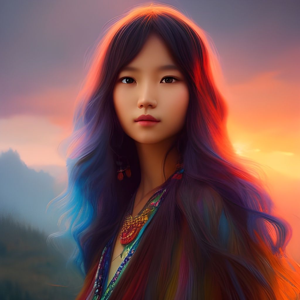 Lakota Girl Portrait with Green Hair