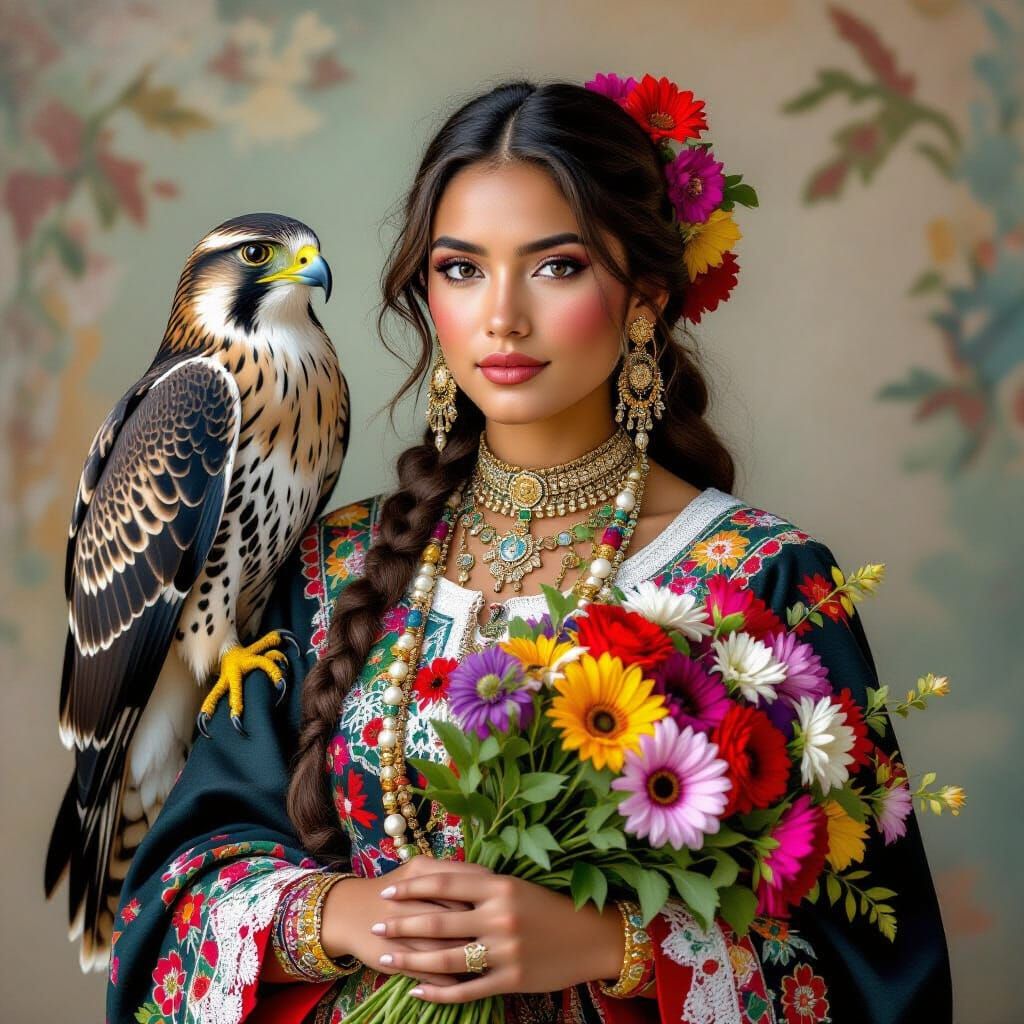 Andes Woman with Falcon, Hyperrealistic Portrait