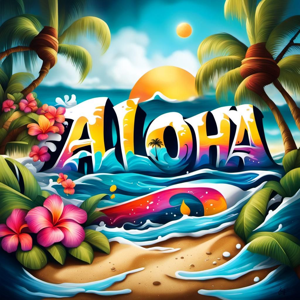 Aloha Hawaiian Graffiti Art with Beach Bungalows