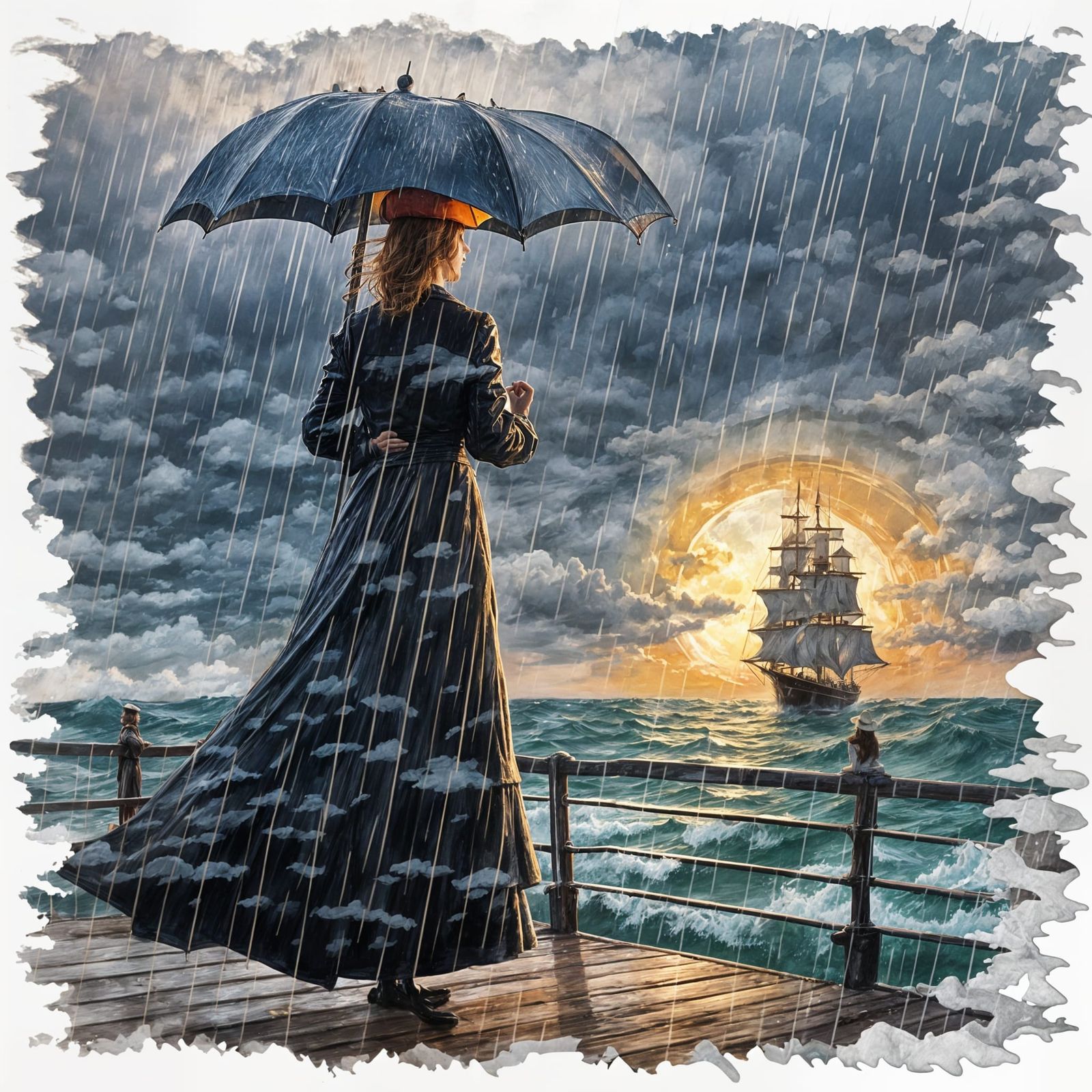 French Lady Overlooks Pirate Ship in Lighthouse Dawn