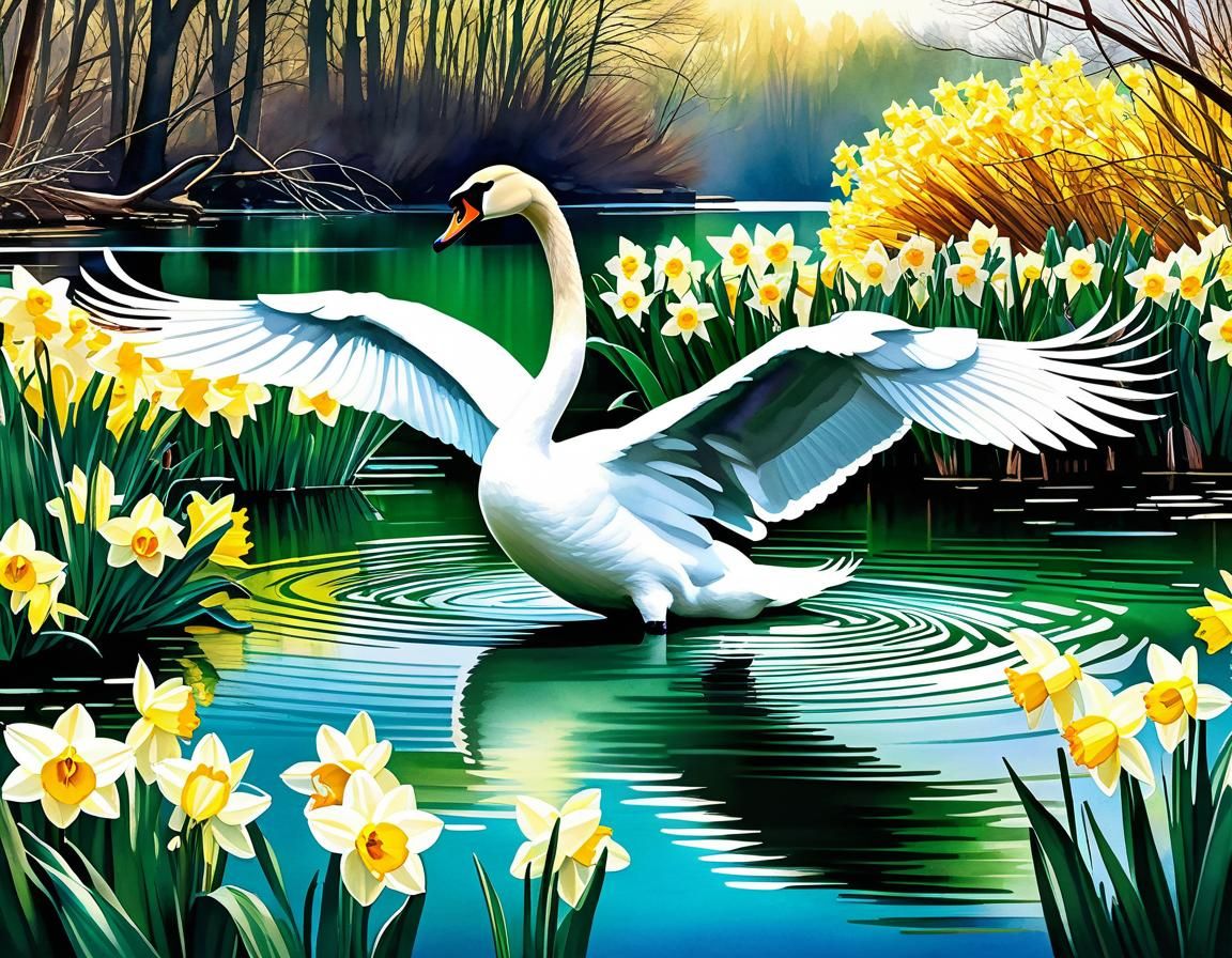 Beautiful Swan Shaking Wings on Emerald Lake