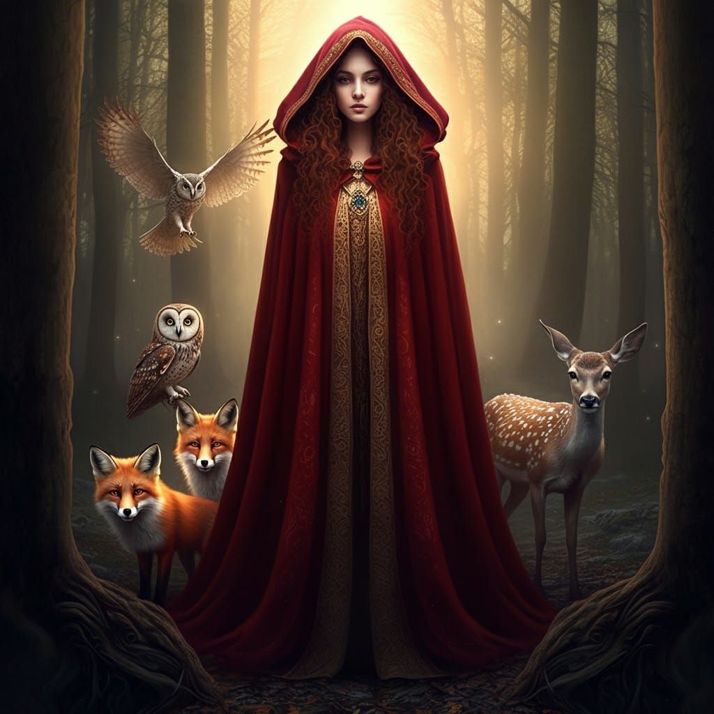 Enchanting Witch Emerges from Mystical Forest in Crimson Clo...