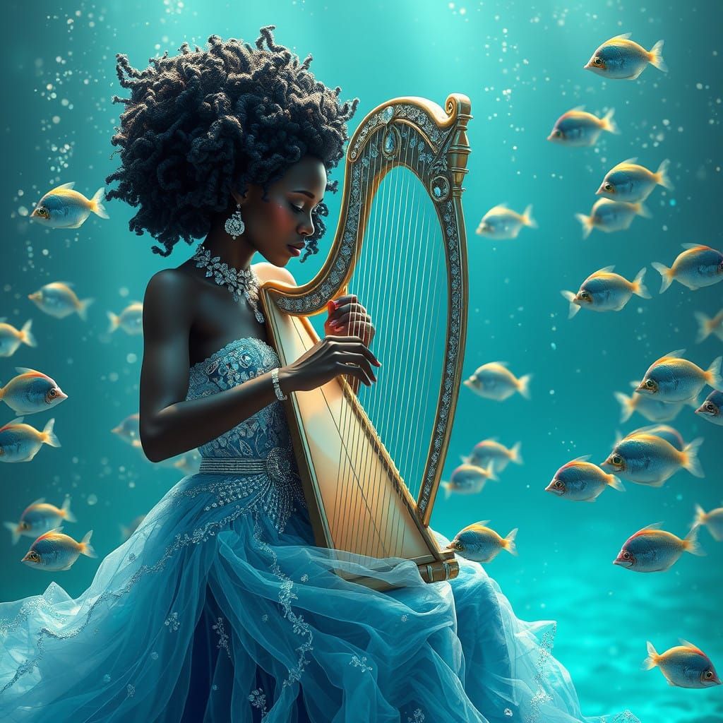 Ethereal Night Goddess Plays Enchanted Harp Underwater