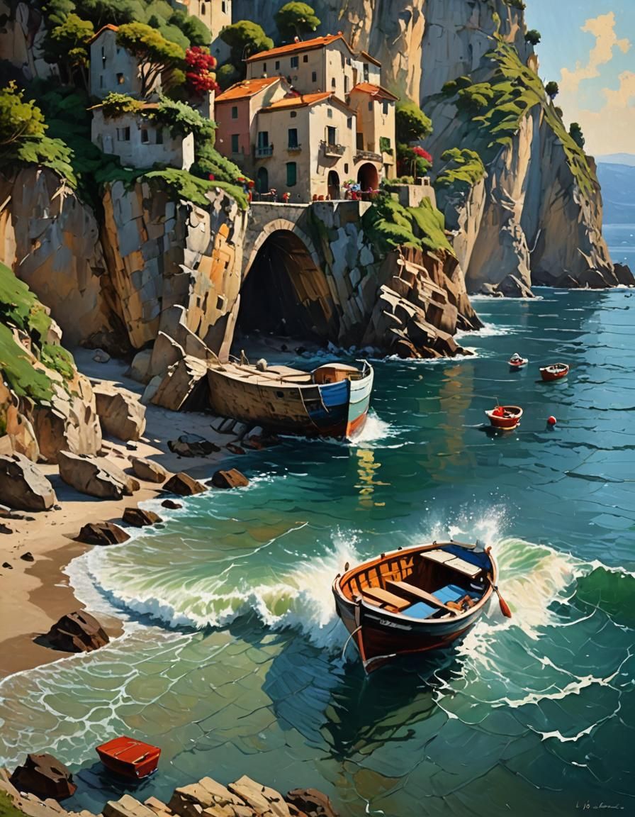 Italian Beach Scene Impasto Painting with Dynamic Light