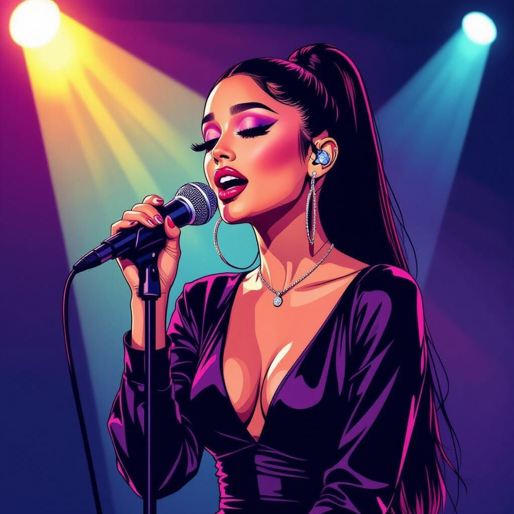 Ariana Grande Singing On Stage In Vibrant Pop Art Style