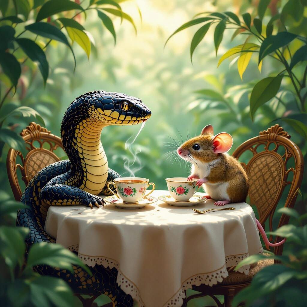 Cobra and Mouse Enjoy Tea in Lush Garden
