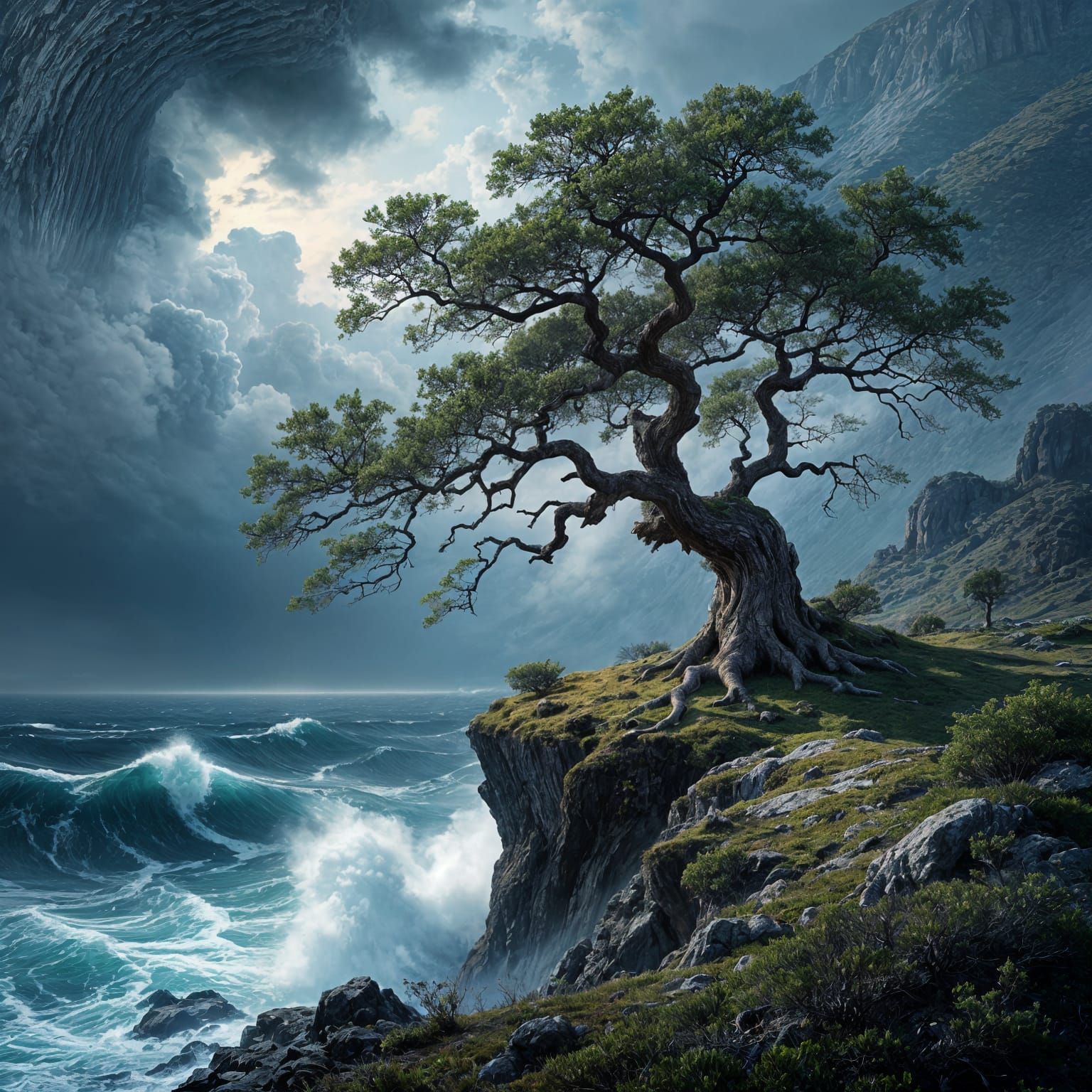 Ancient Oak on Windswept Cliff Overlooking Stormy Sea