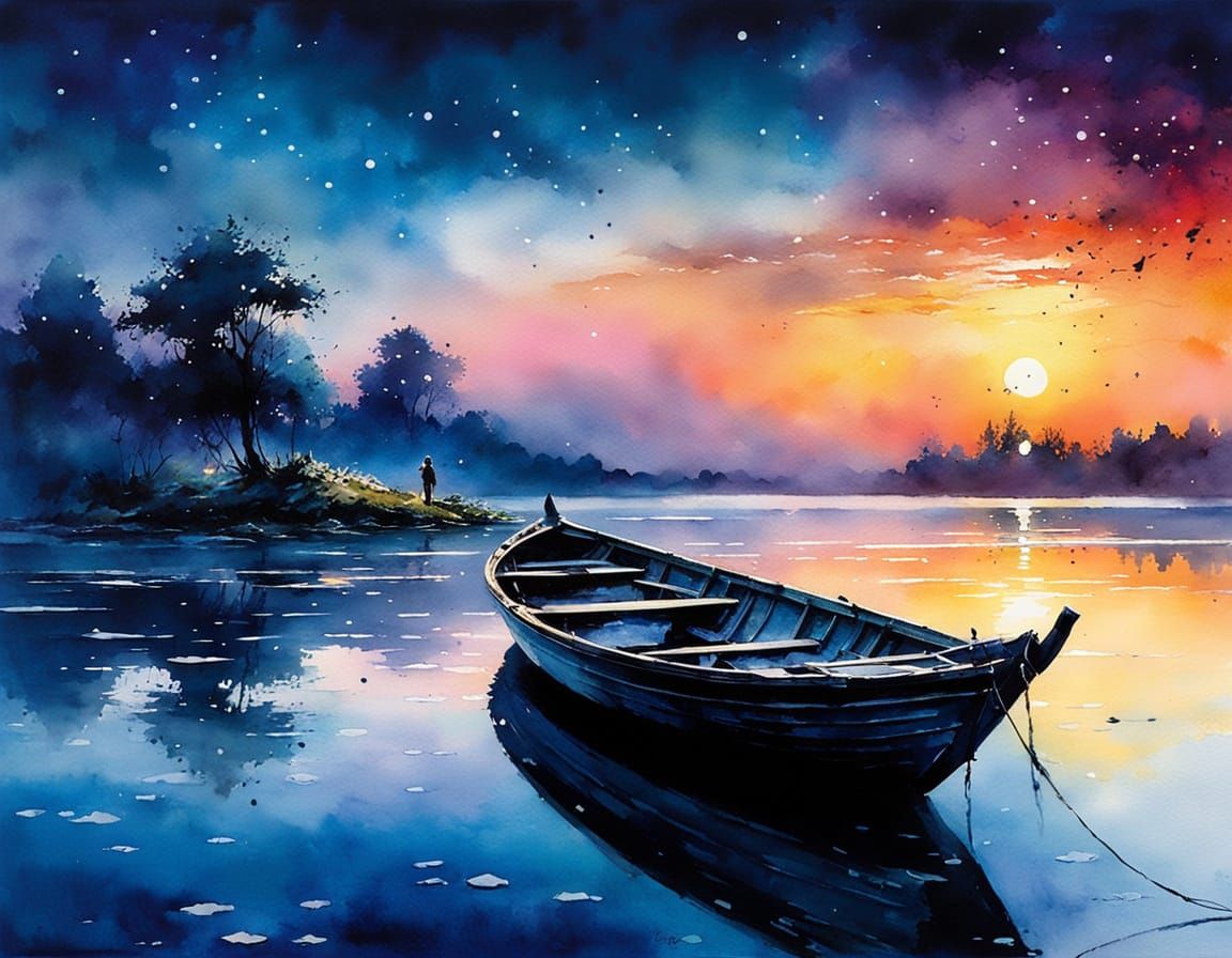 Serene Lake Scene at Blue Hour in Watercolor