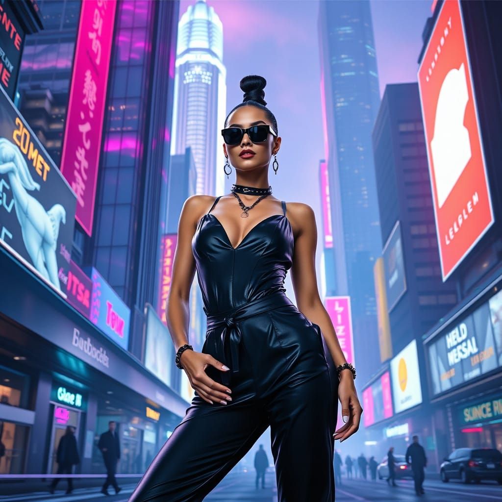 Confident Supermodel in Futuristic Cityscape