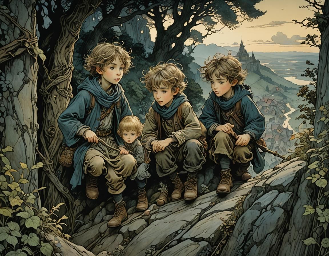 Siblings Climb Hill: Fantasy Art by Demizu, Rackham, DiTerli...