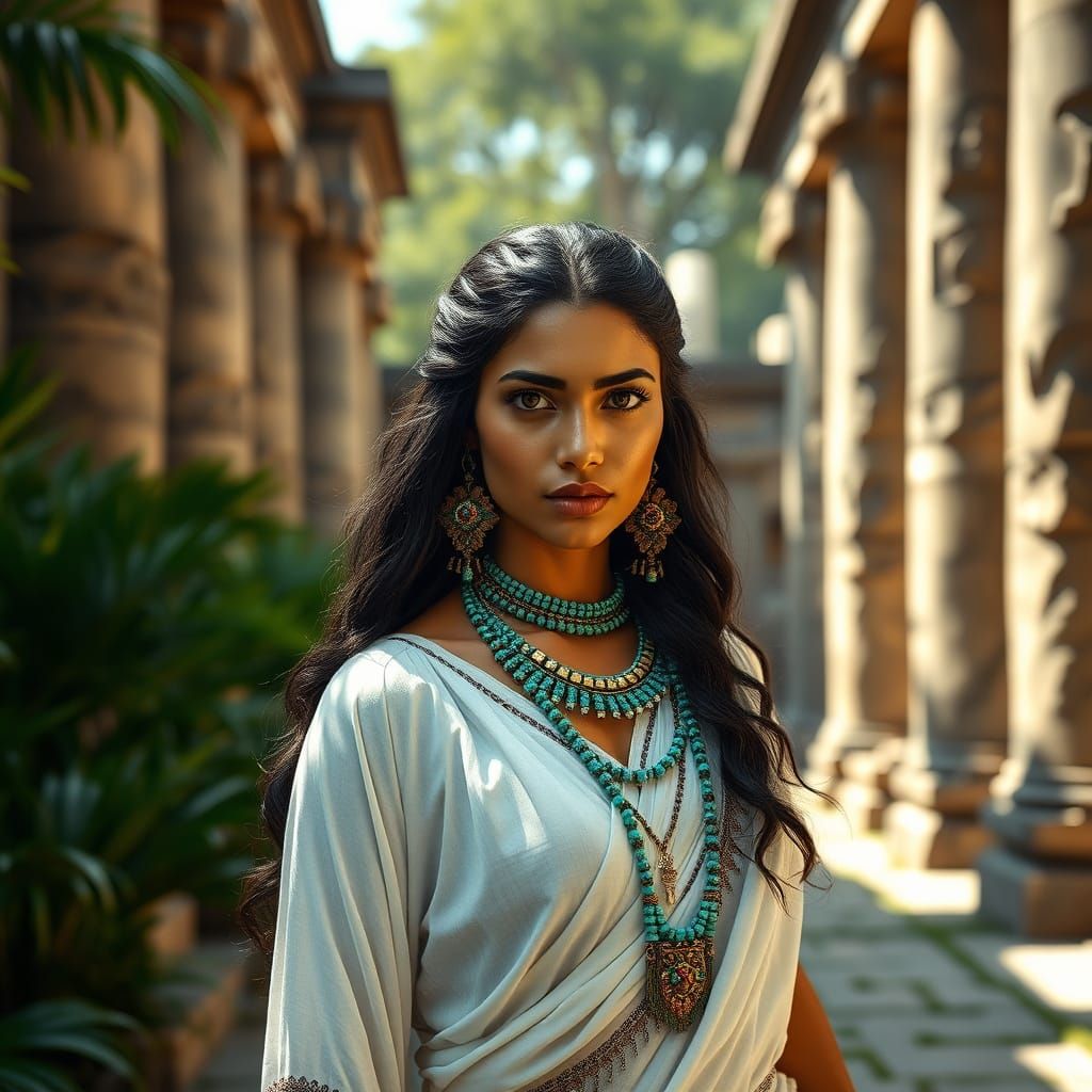 Regal Ancient Princess in Sunlit Mesoamerican Temple