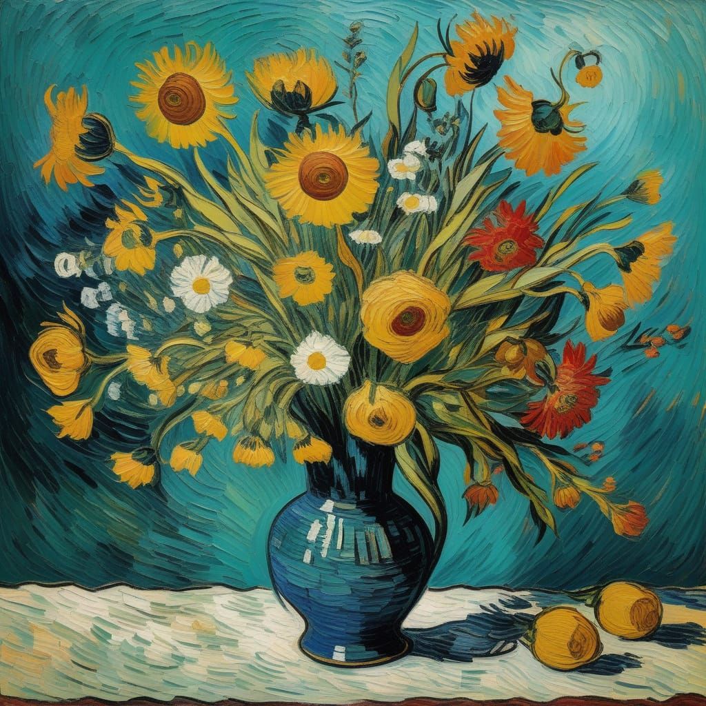 Emotive Still Life of Flowers in Van Gogh Style