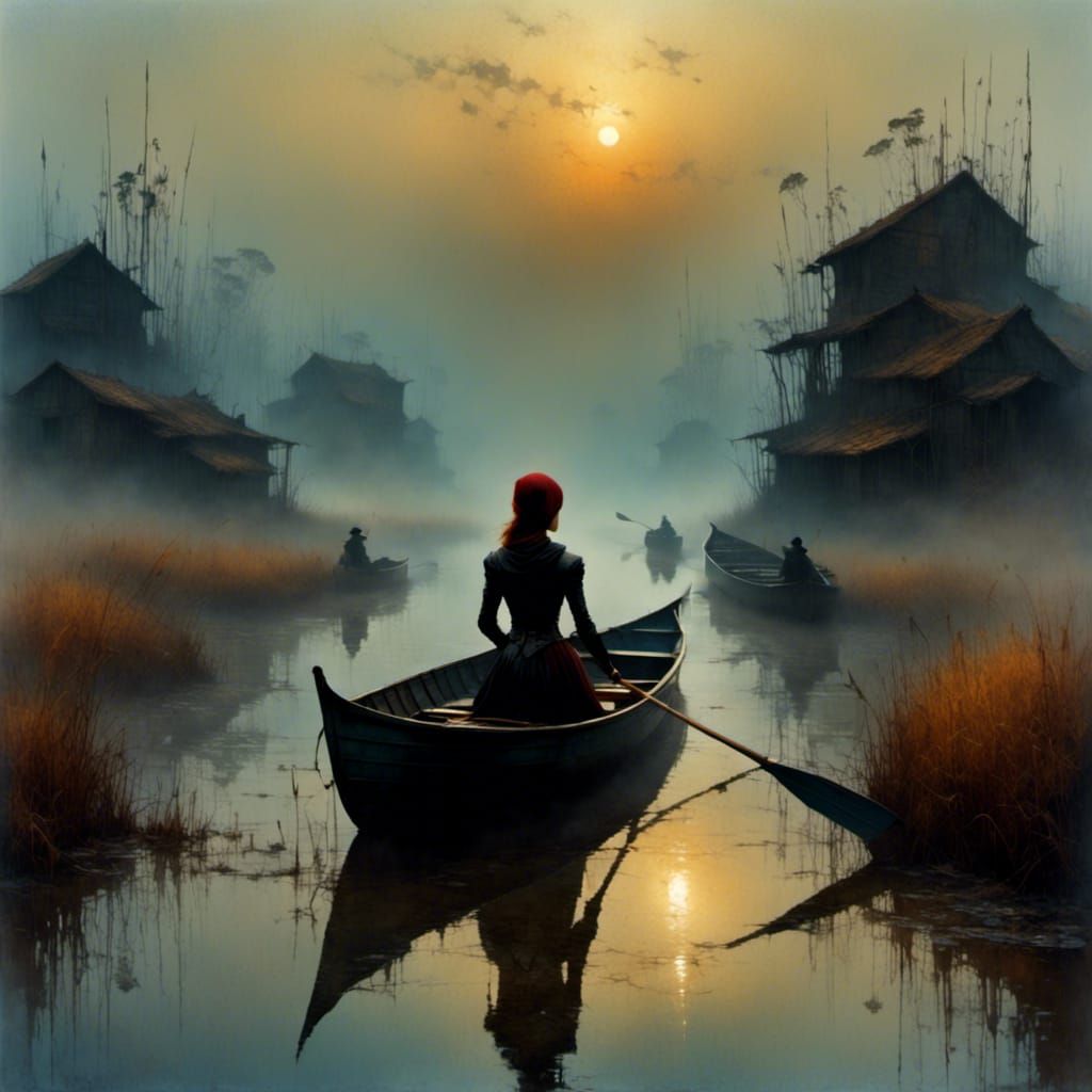 Female Assassin in Misty Rowboat, Oil Painting