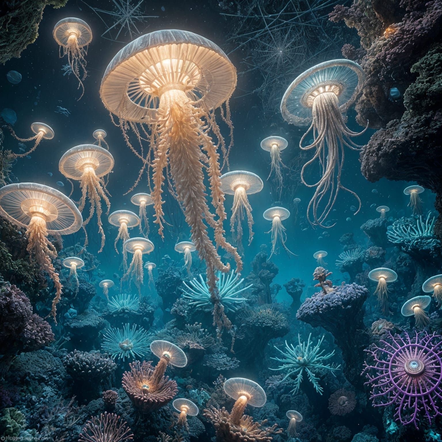 Bioluminescent Alien Coral Reef in Deep Ocean