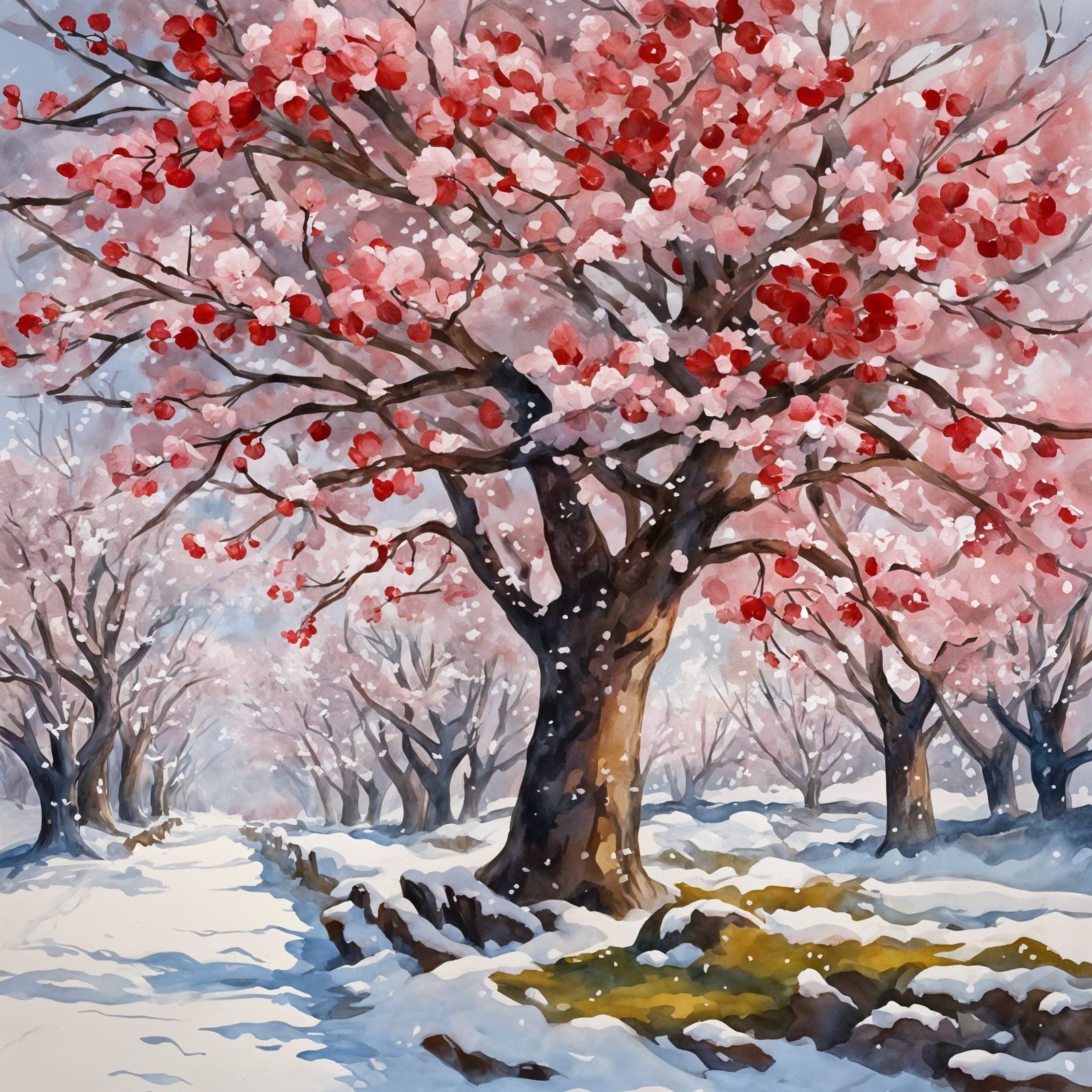 Ethereal Cherry Blossom Tree in Snowy Landscape