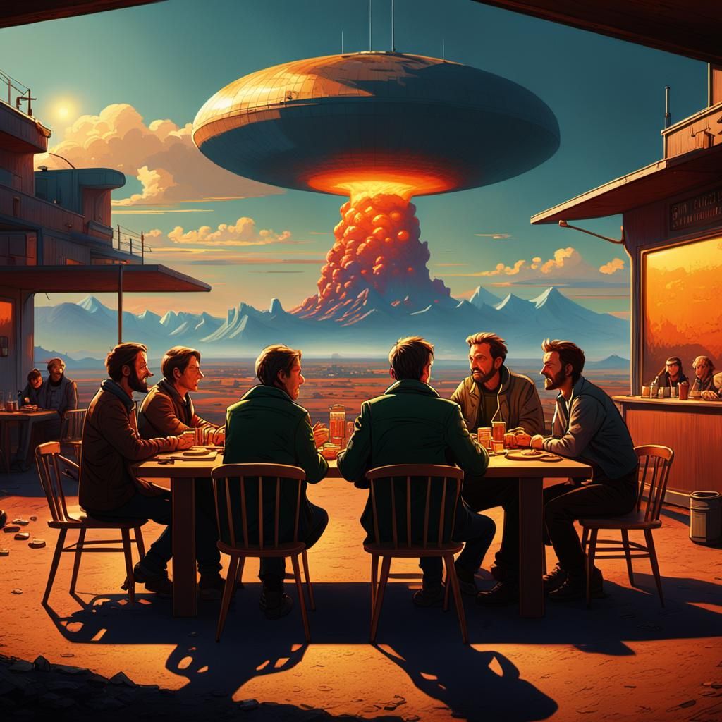 Friends Dine Under Nuclear Threat: Sci-Fi Concept Art