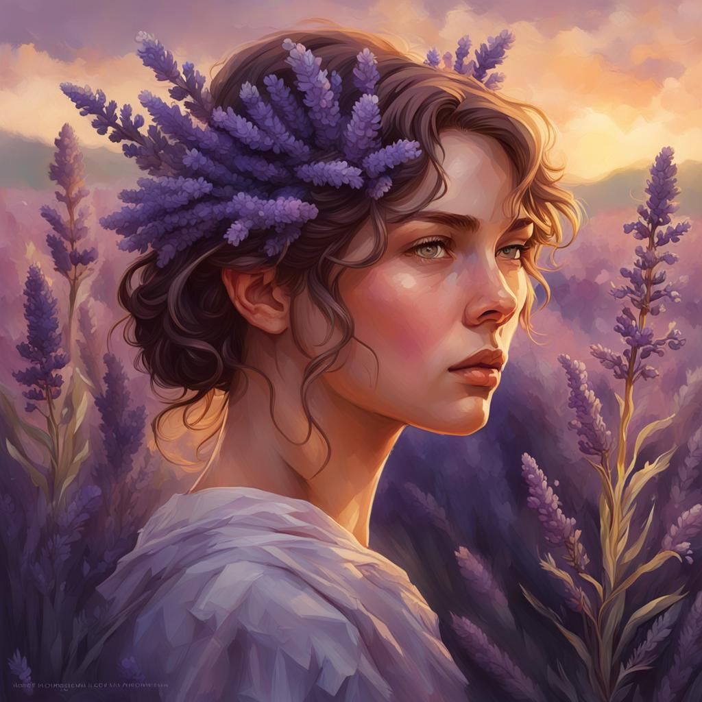 Woman in Lavender Field, Art Nouveau Portrait