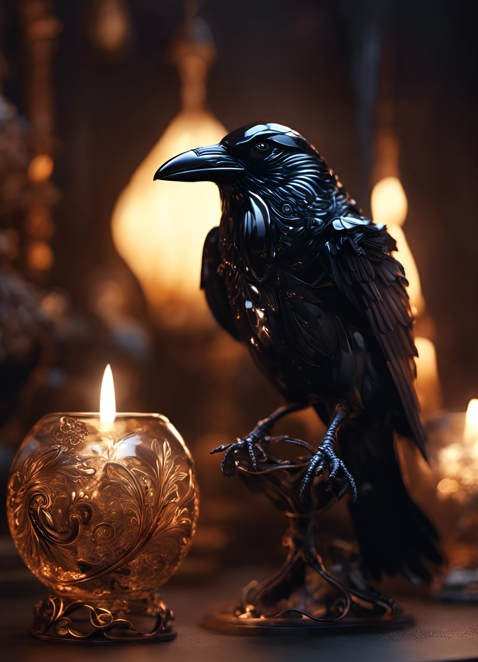 Intricate Blown Glass Raven Figurine in 8k HDR
