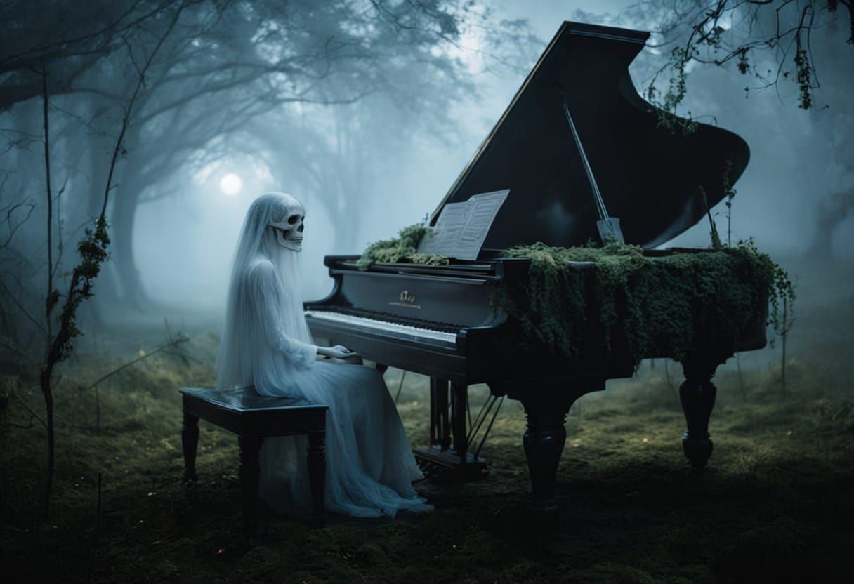 Ghostly Musician Plays Piano in Foggy Graveyard