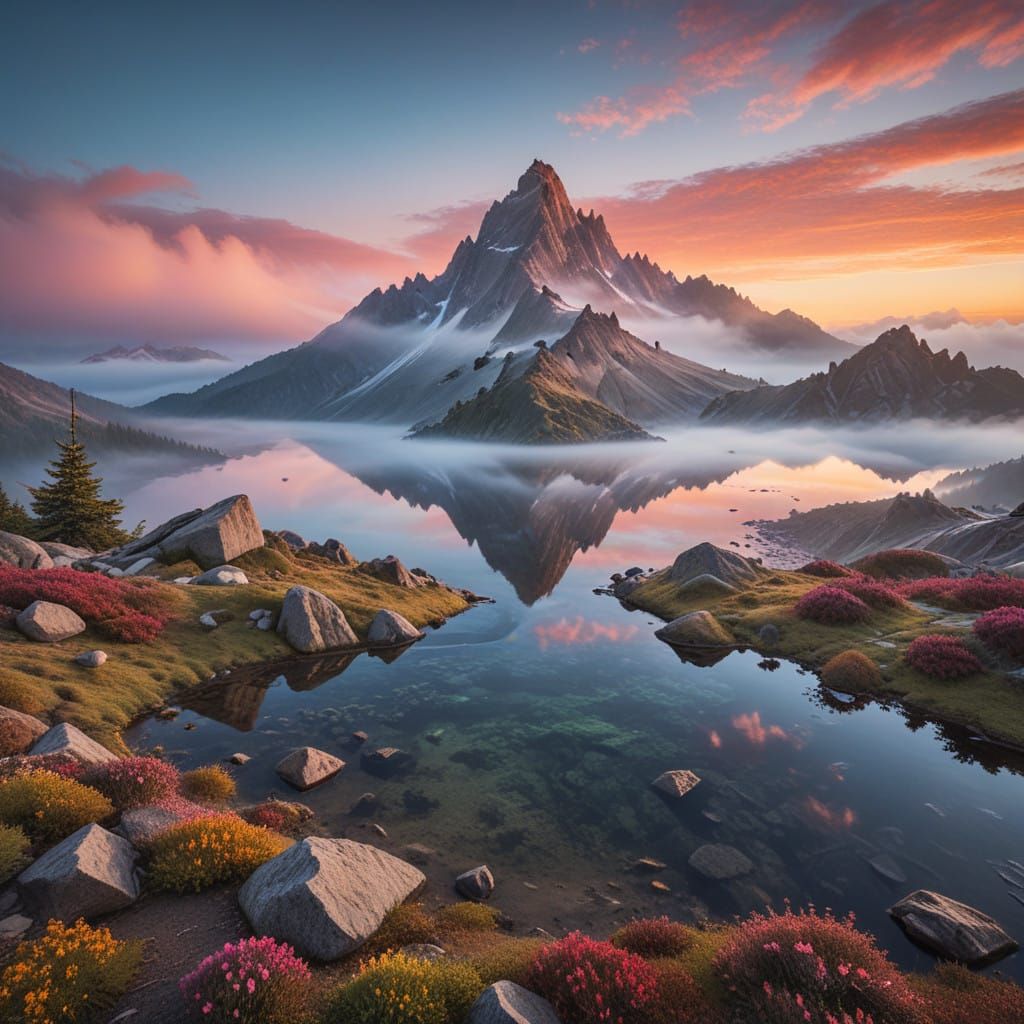Ethereal Mountain Reflections in a Misty Dawn Landscape