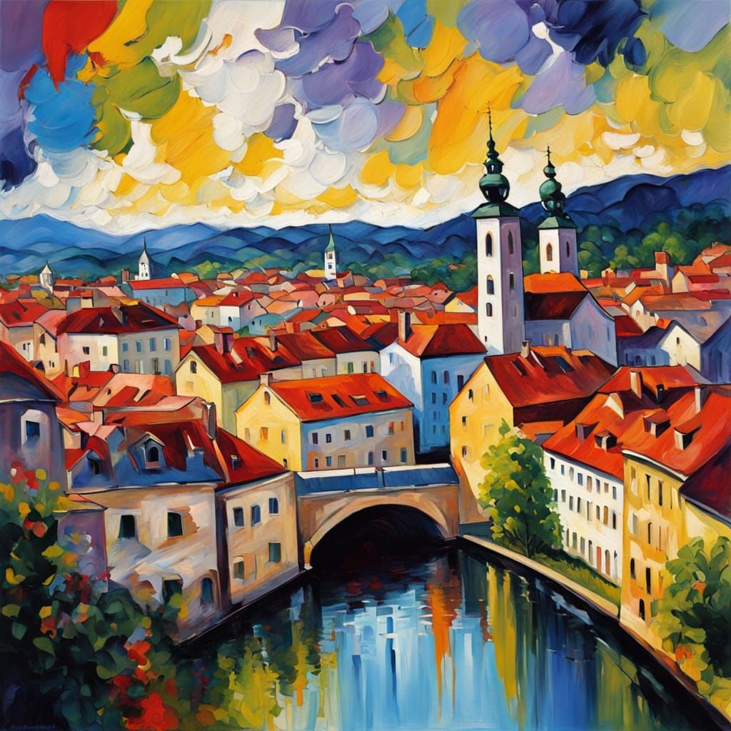 Vibrant Neo-Expressionist Cityscape of Ljubljana, Slovenia