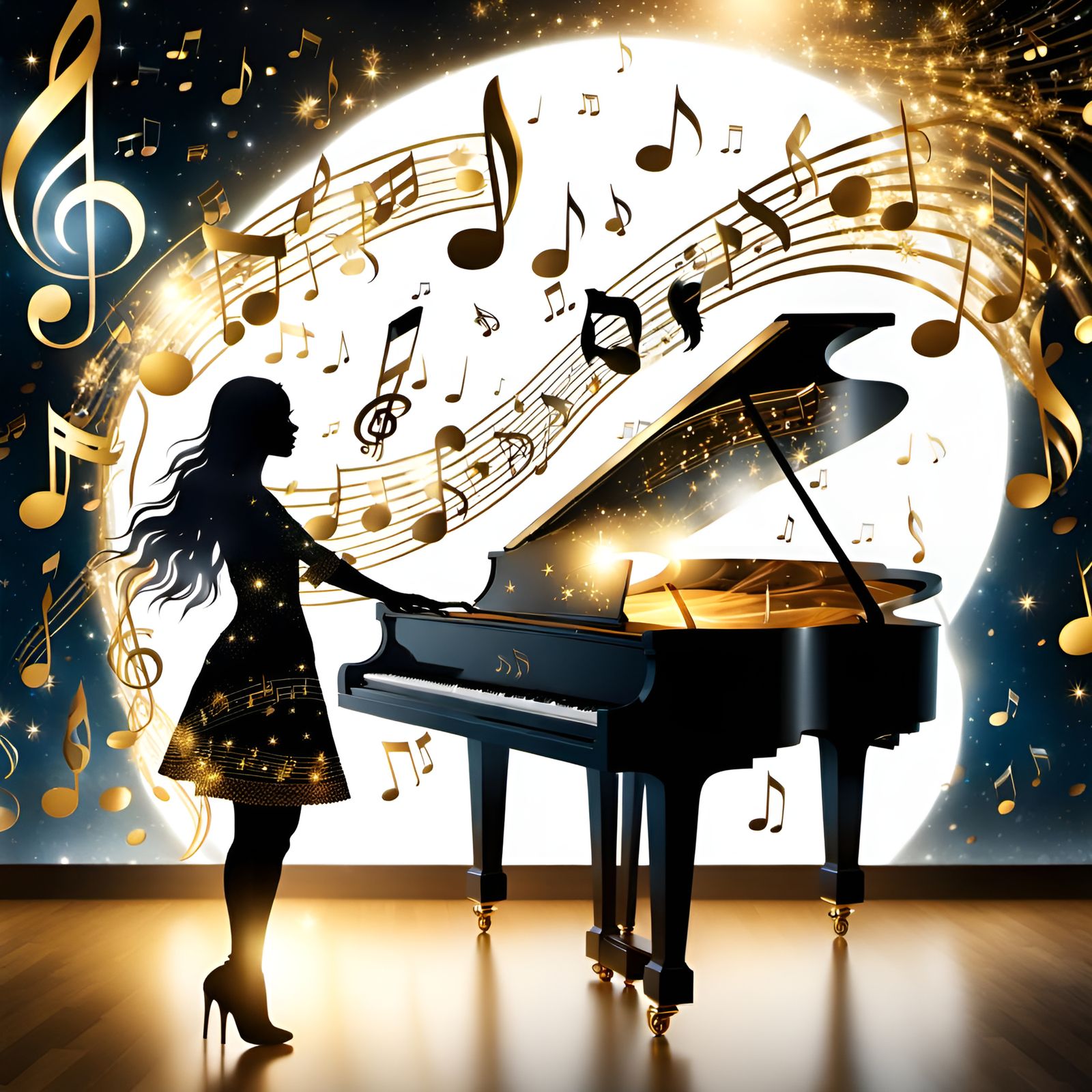 Silhouette of Girl with Piano and Stars