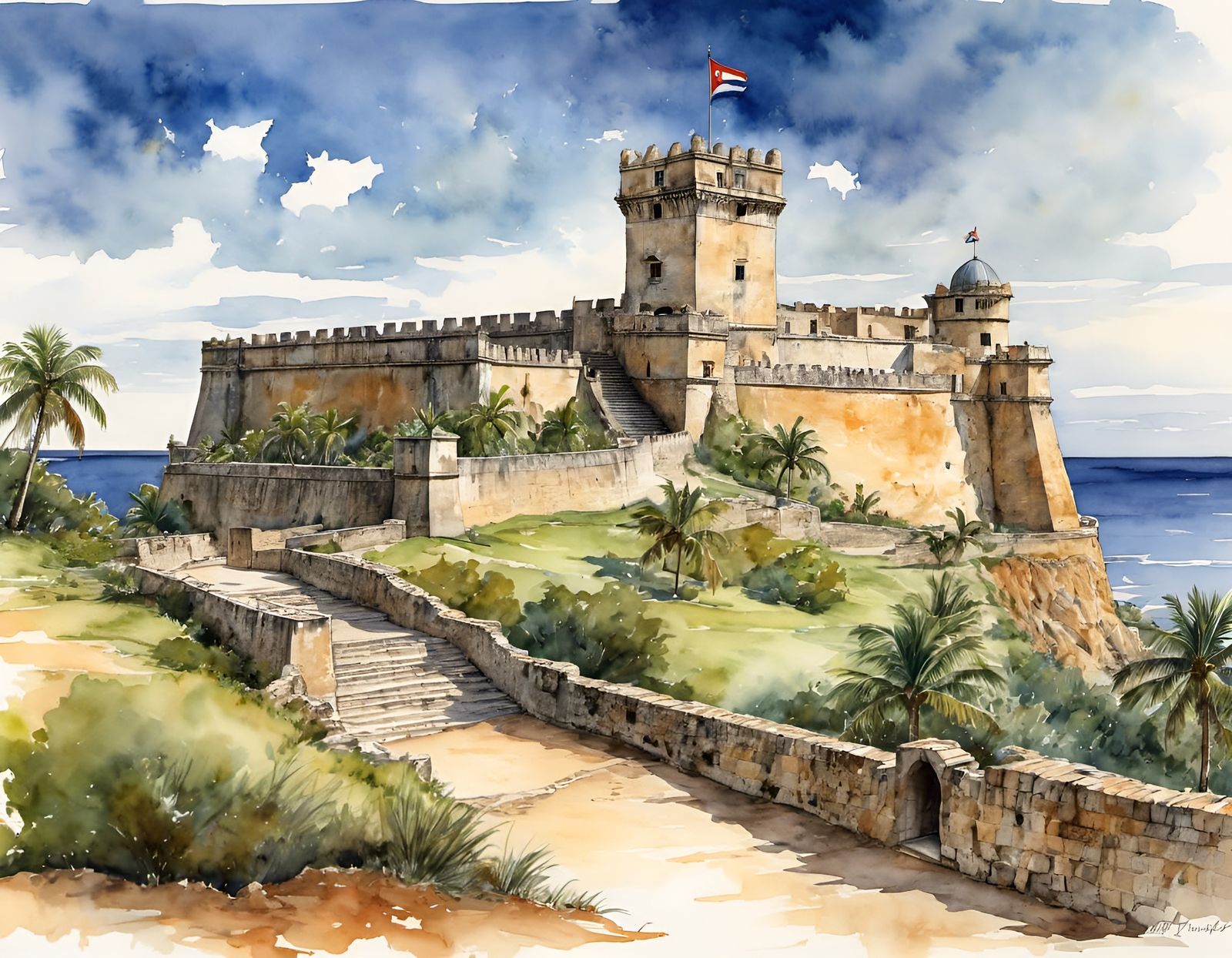 El Morro Castle, Cuba: Ink and Watercolor Sketch