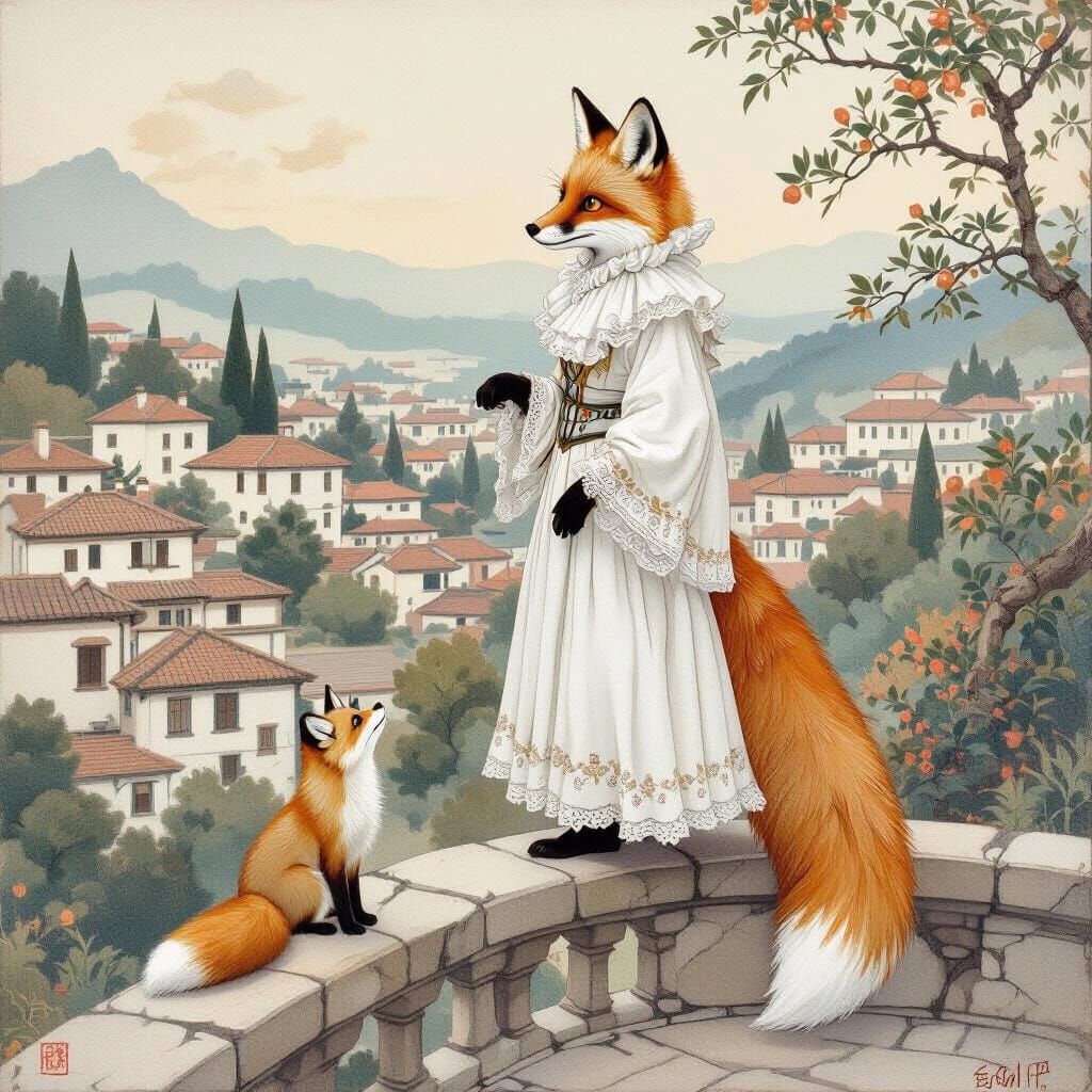 Fox as Pierrot Overlooking Serene Village