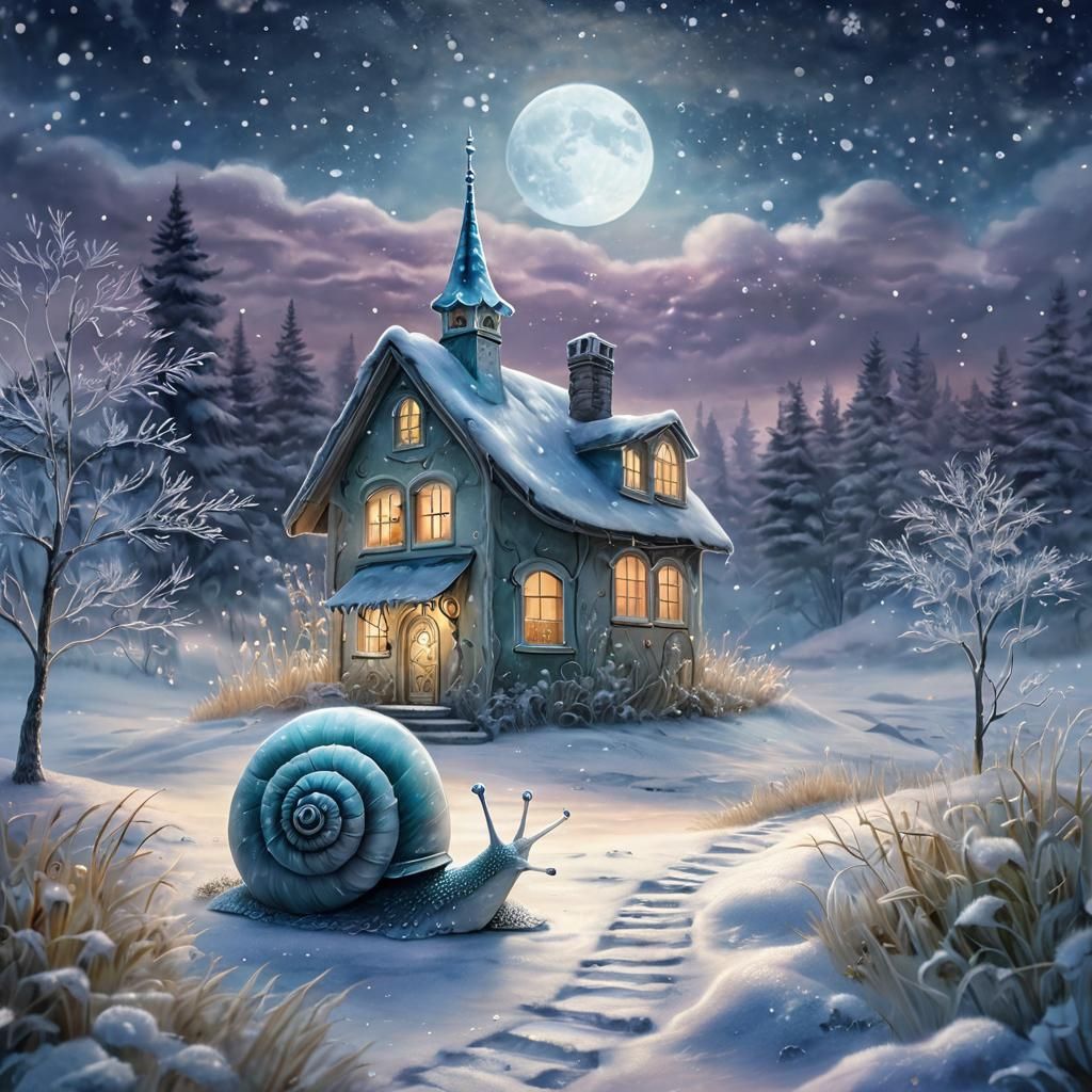 Surreal Frosty Winter Scene with Ice Snail and Sparkling Moo...