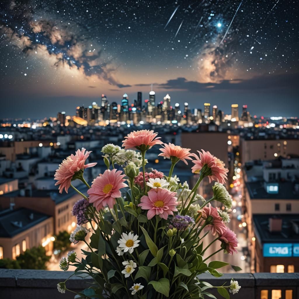 Bouquet with Night Cityscape in Digital Art Style