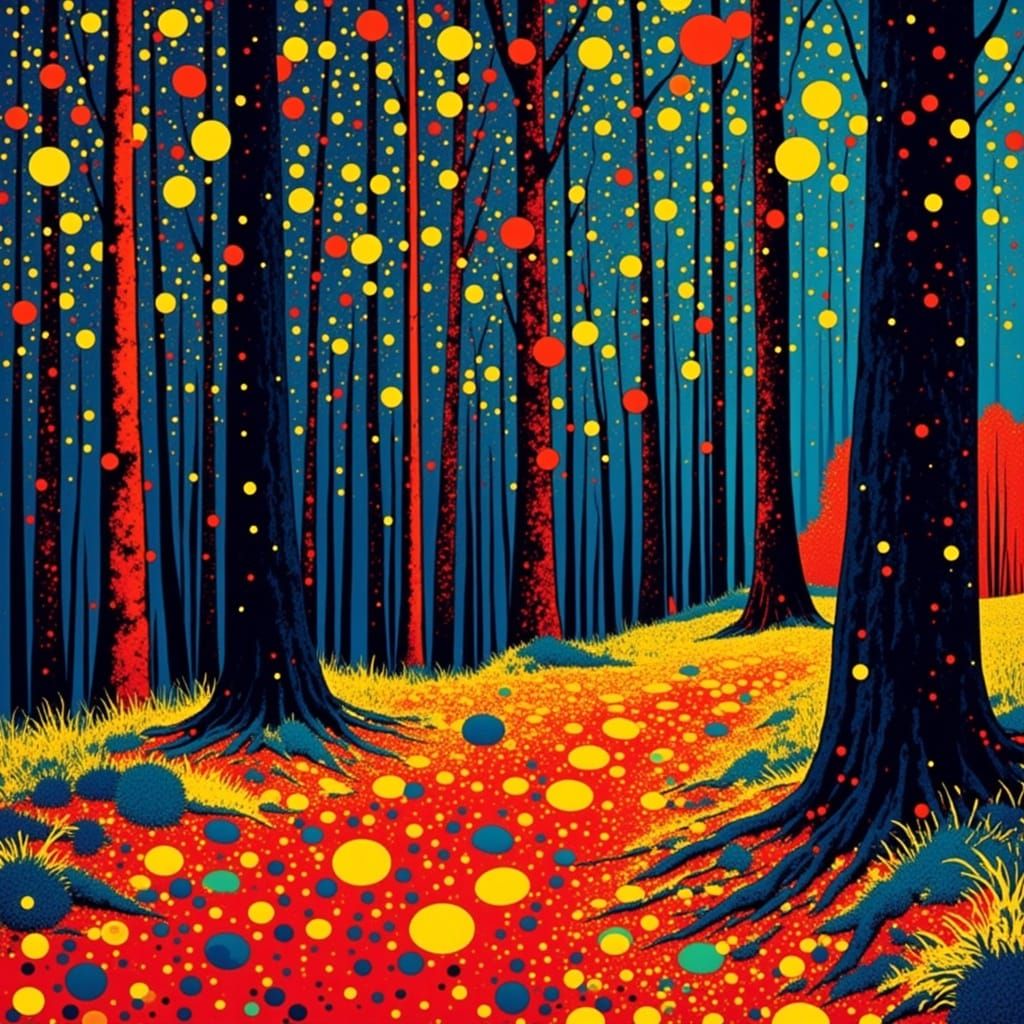 Psychedelic Forest Night Under Stars Pop Art Style