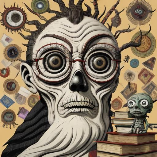 Disturbing Zombie Librarian in Art Brut Style