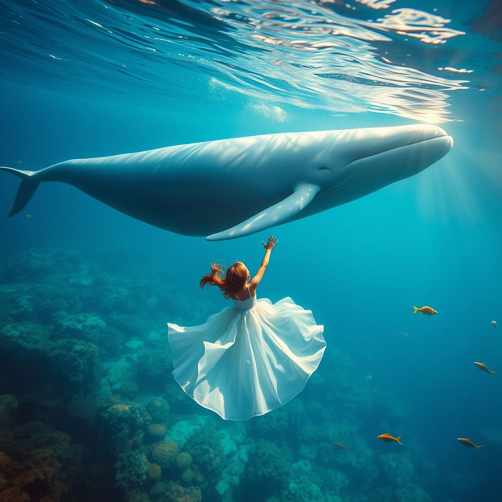 Girl and Whale in Sunlit Ocean, Dreamlike Art