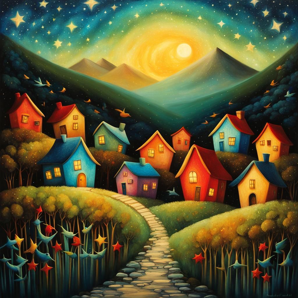 Detailed Village at Night as Vintage Postcard