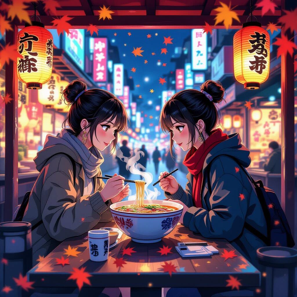 Anime Women Share Ramen in Cyberpunk Market