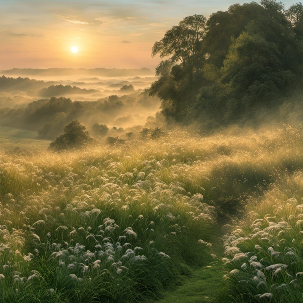 Serene Dawn Landscape in Impressionist Style