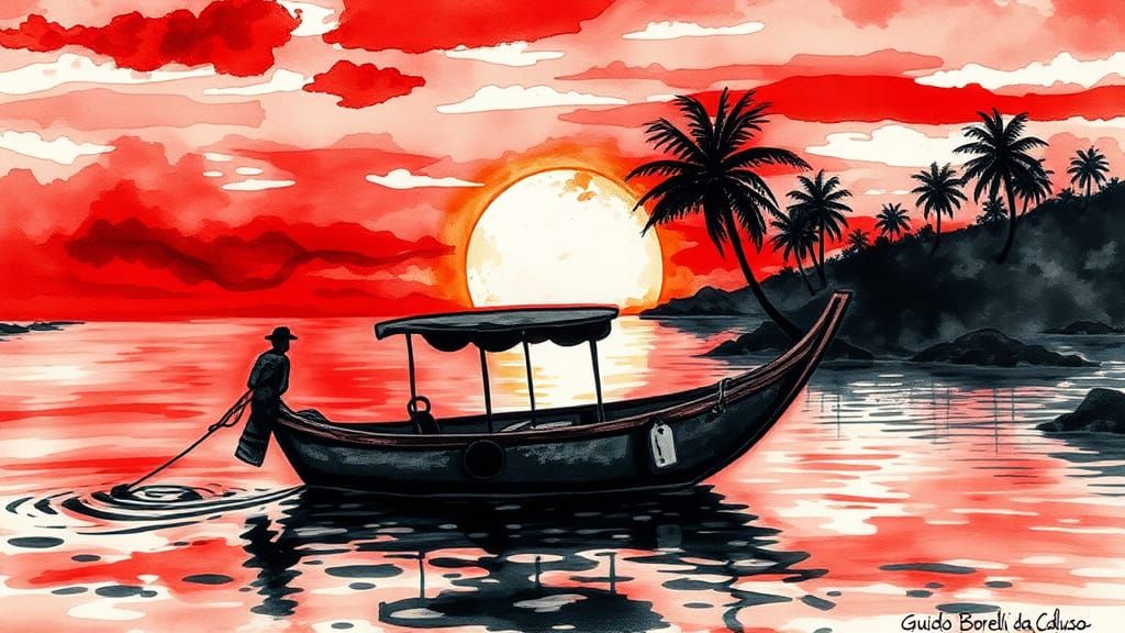 Boat at Sunset in Alcohol Ink Style
