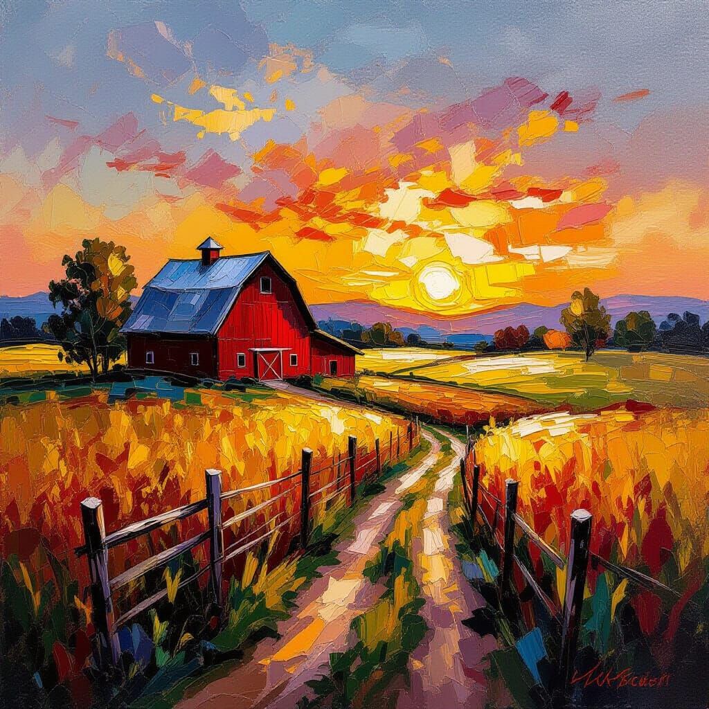 Sunrise Over Farm in Neo-Impressionist Style