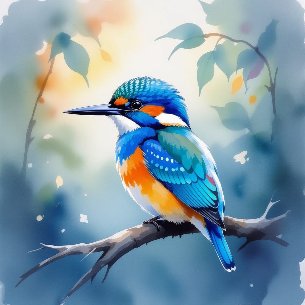 Azure Kingfisher in Expressive Watercolor and Alcohol Ink St...