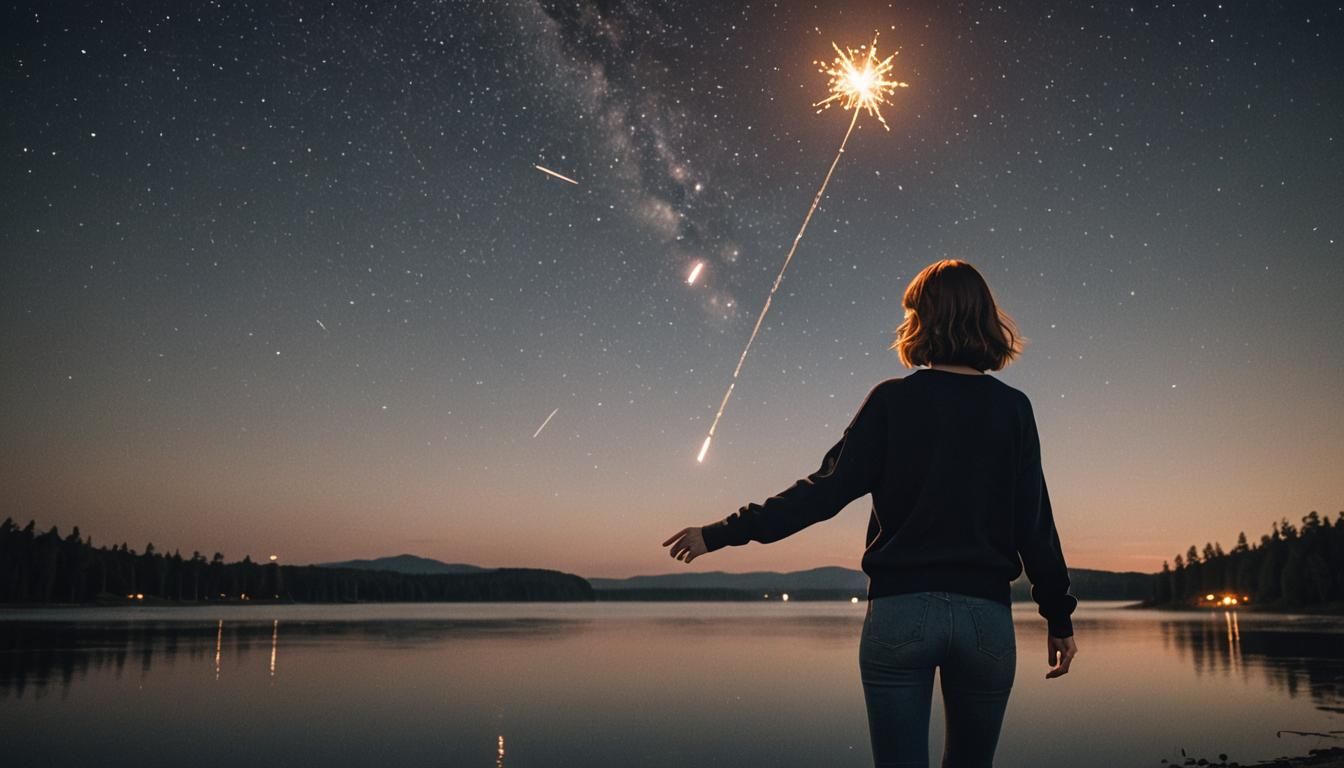 Girl Flying with Shooting Stars over Lake
