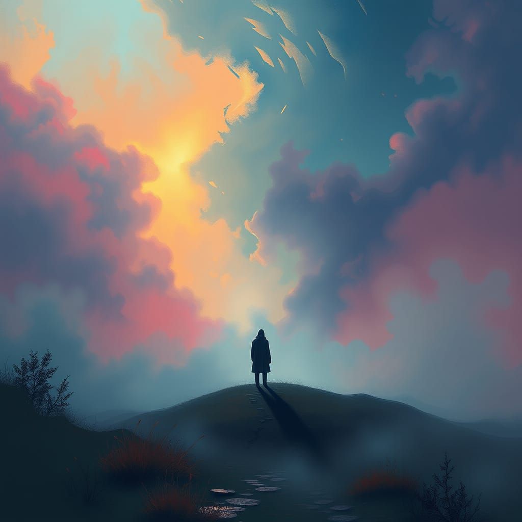 Melancholic Figure in Dreamy Ethereal Landscape