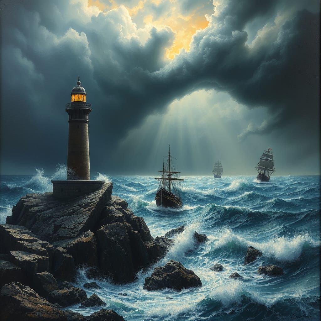 Lighthouse Overlooking Shipwreck in Stormy Sea