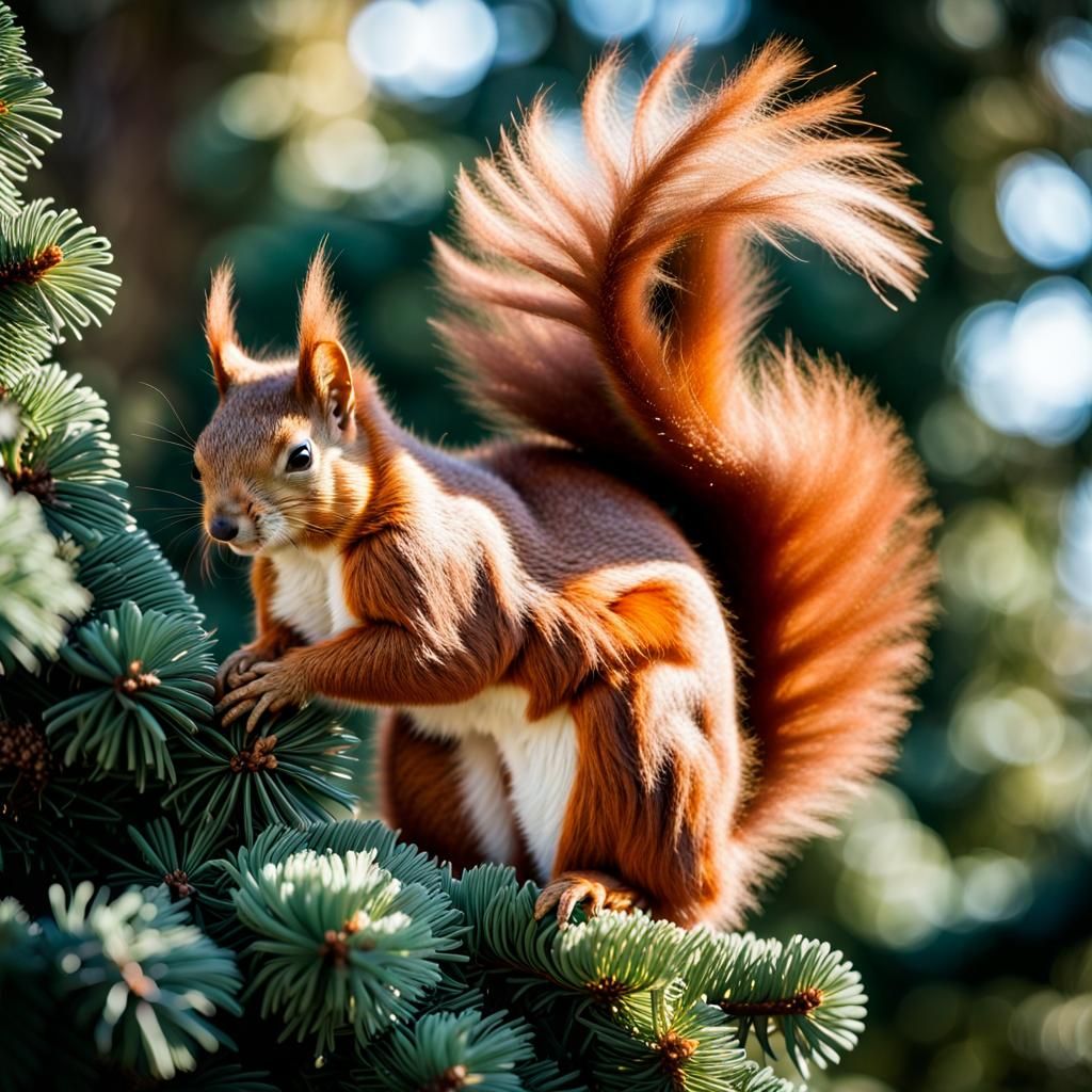 Hyperrealistic Red Squirrel on Evergreen Branch