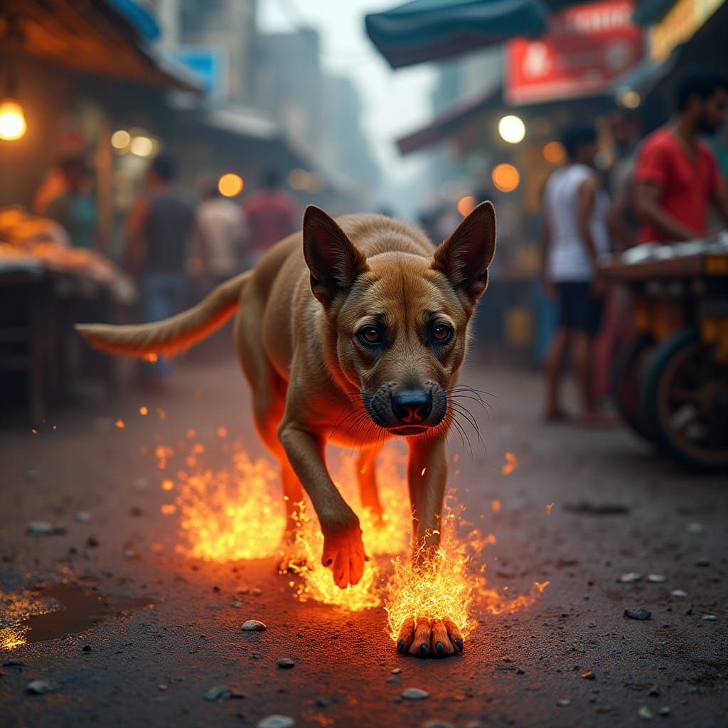 Futuristic Stray Dog Leaves Fiery Trails in Cyberpunk Pettah...