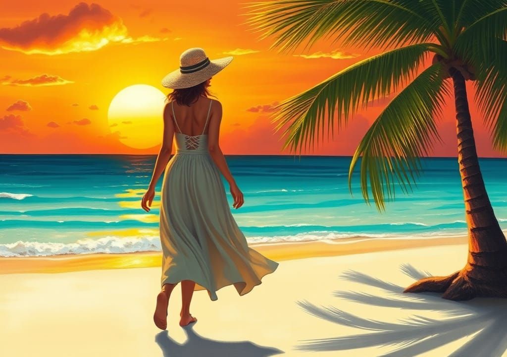 Tropical Beach Sunset in Naive Art Style